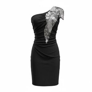 Black One Shoulder Bodycon Dress Silver Sequin Beaded Detail Size S